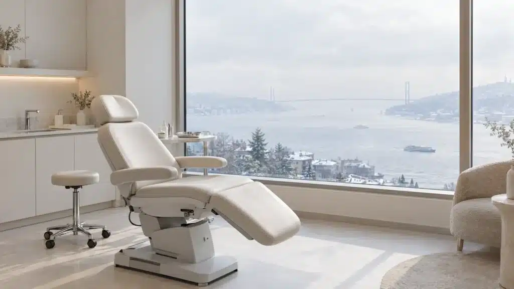 Kışın sisli Boğaz manzaralı pencere önünde boş tedavi koltuğu